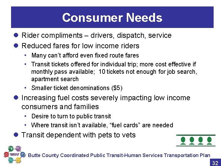 Consumer Needs l Rider compliments – drivers, dispatch, service l Reduced fares for low