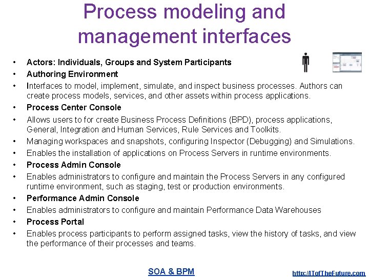 Process modeling and management interfaces • • • • Actors: Individuals, Groups and System