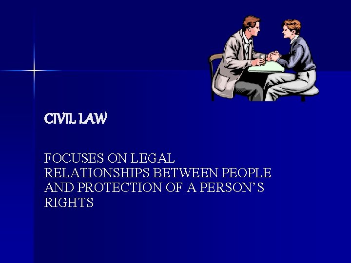 CIVIL LAW FOCUSES ON LEGAL RELATIONSHIPS BETWEEN PEOPLE AND PROTECTION OF A PERSON’S RIGHTS