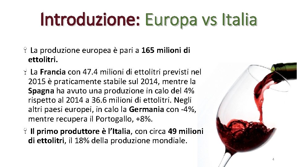 Introduzione: Europa vs Italia La produzione europea è pari a 165 milioni di ettolitri.