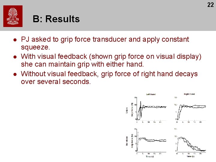 22 B: Results l l l PJ asked to grip force transducer and apply