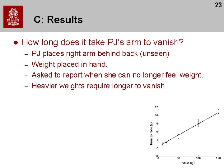 23 C: Results l How long does it take PJ’s arm to vanish? –