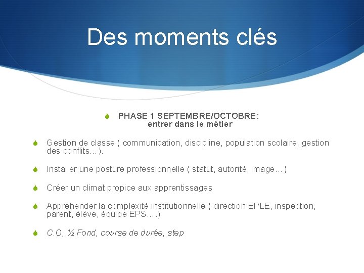 Des moments clés S PHASE 1 SEPTEMBRE/OCTOBRE: entrer dans le métier S Gestion de