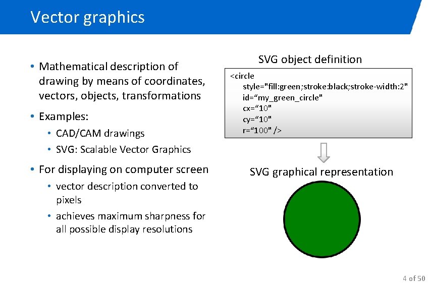 Vector graphics • Mathematical description of drawing by means of coordinates, vectors, objects, transformations