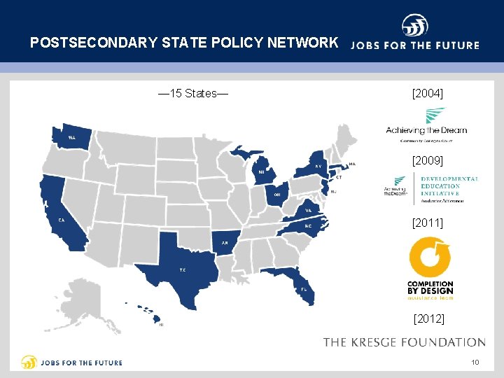POSTSECONDARY STATE POLICY NETWORK — 15 States— [2004] [2009] [2011] [2012] 10 