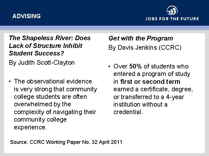 ADVISING The Shapeless River: Does Lack of Structure Inhibit Student Success? By Judith Scott-Clayton