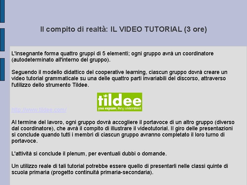 Il compito di realtà: IL VIDEO TUTORIAL (3 ore) L'insegnante forma quattro gruppi di