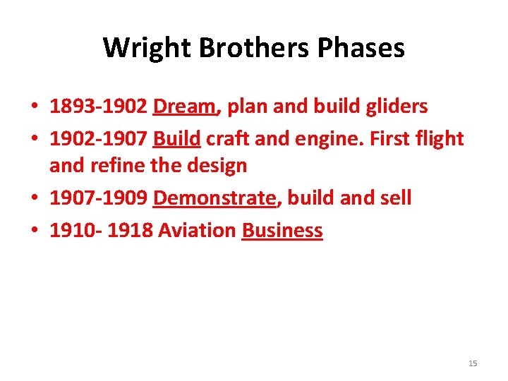 Wright Brothers Phases • 1893 -1902 Dream, plan and build gliders • 1902 -1907