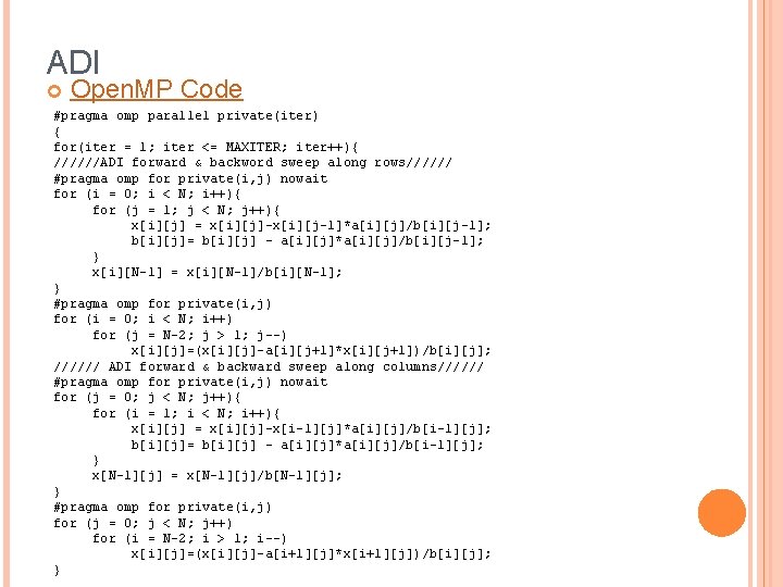 ADI Open. MP Code #pragma omp parallel private(iter) { for(iter = 1; iter <=