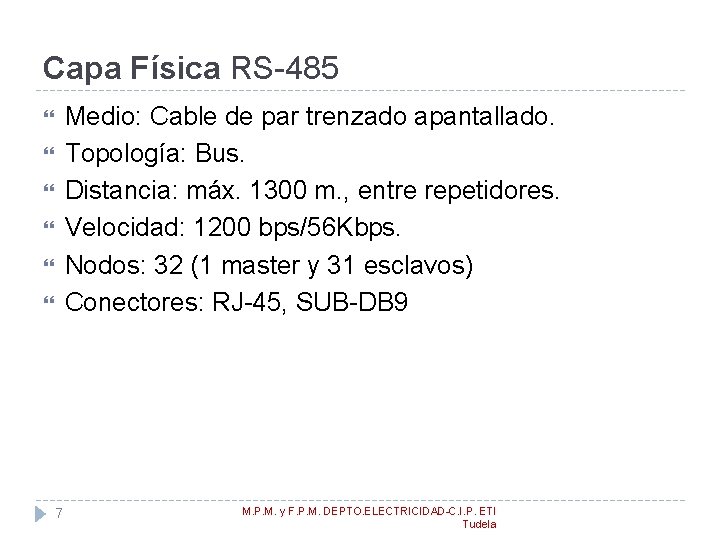 Capa Física RS-485 Medio: Cable de par trenzado apantallado. Topología: Bus. Distancia: máx. 1300