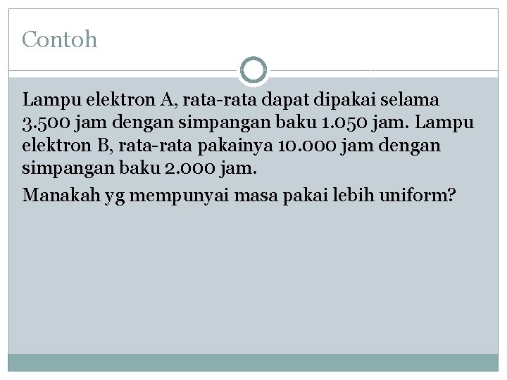Contoh Lampu elektron A, rata-rata dapat dipakai selama 3. 500 jam dengan simpangan baku Contoh Lampu elektron A, rata-rata dapat dipakai selama 3. 500 jam dengan simpangan baku