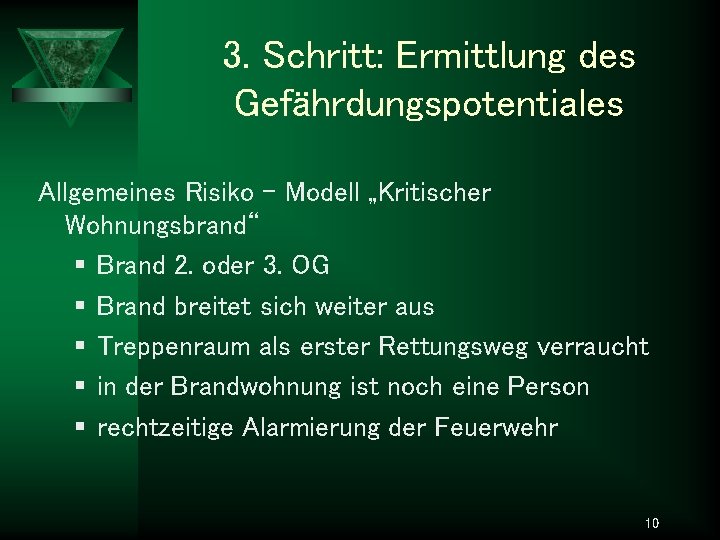 3. Schritt: Ermittlung des Gefährdungspotentiales Allgemeines Risiko – Modell „Kritischer Wohnungsbrand“ § Brand 2.