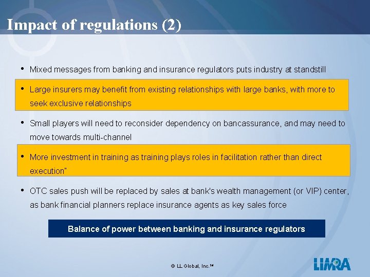 Impact of regulations (2) • Mixed messages from banking and insurance regulators puts industry