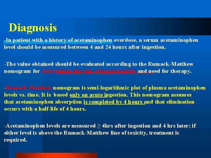 Diagnosis -In patient with a history of acetaminophen overdose, a serum acetaminophen level should