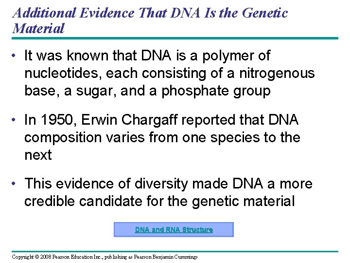Additional Evidence That DNA Is the Genetic Material • It was known that DNA