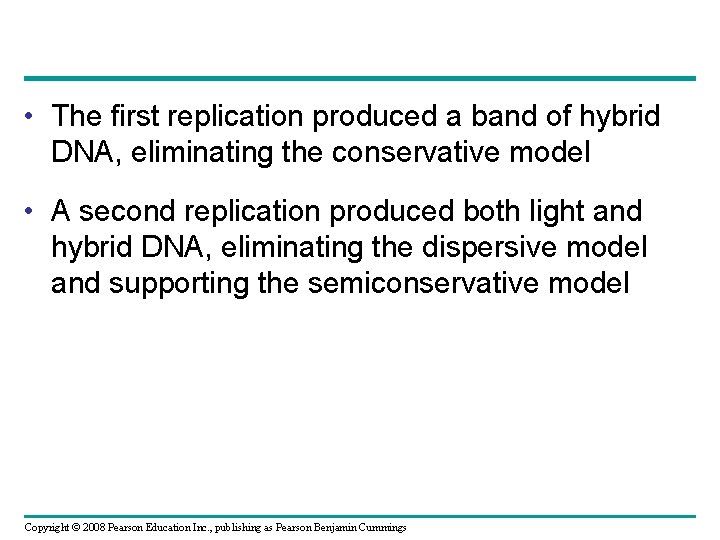  • The first replication produced a band of hybrid DNA, eliminating the conservative