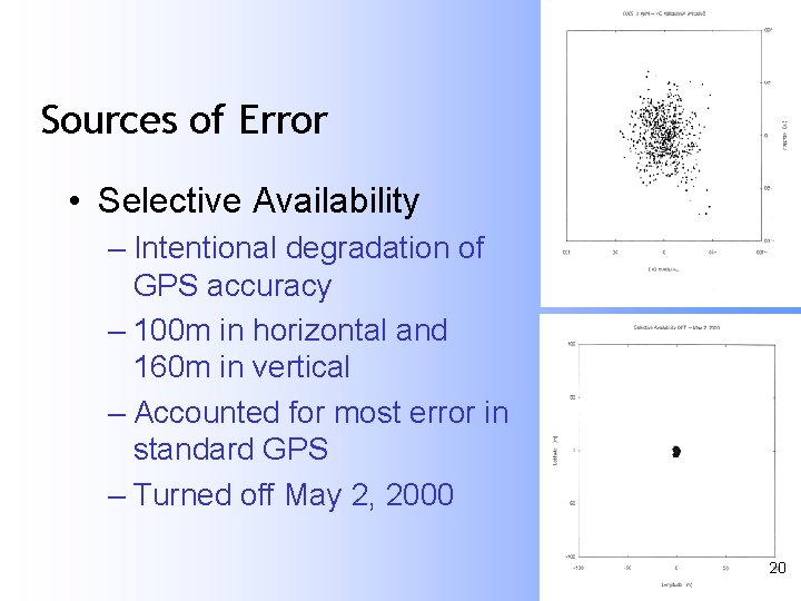 Sources of Error • Selective Availability – Intentional degradation of GPS accuracy – 100