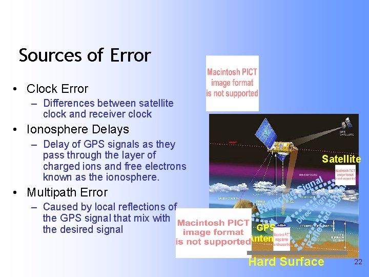 Sources of Error • Clock Error – Differences between satellite clock and receiver clock