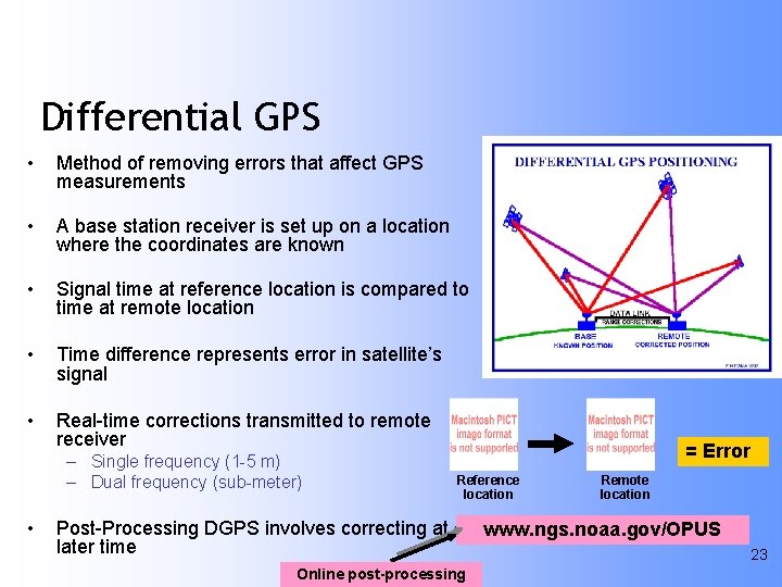 Differential GPS • Method of removing errors that affect GPS measurements • A base