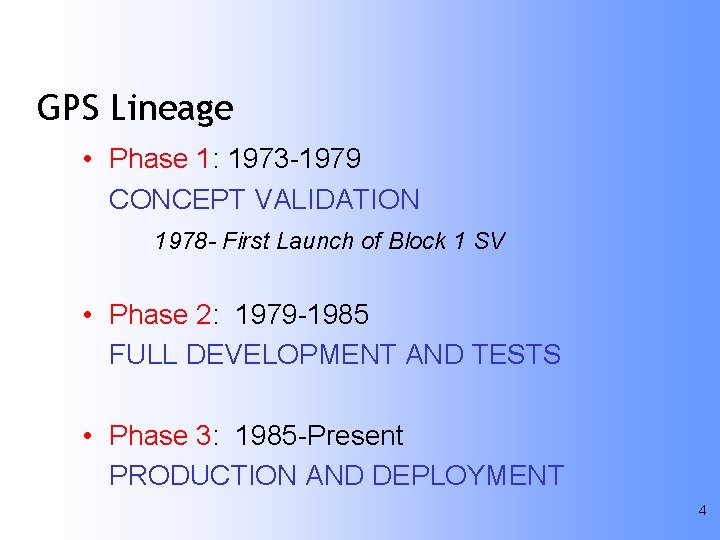 GPS Lineage • Phase 1: 1973 -1979 CONCEPT VALIDATION 1978 - First Launch of