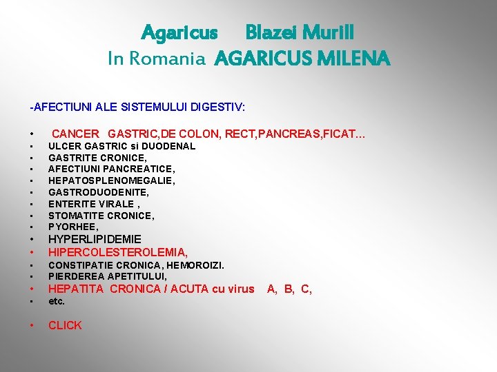 Agaricus Blazei Murill In Romania AGARICUS MILENA -AFECTIUNI ALE SISTEMULUI DIGESTIV: • CANCER GASTRIC,