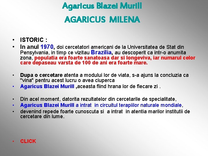 Agaricus Blazei Murill AGARICUS MILENA • ISTORIC : • In anul 1970, doi cercetatori