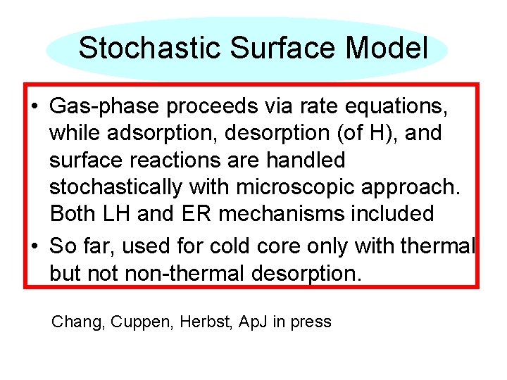 Stochastic Surface Model • Gas-phase proceeds via rate equations, while adsorption, desorption (of H),