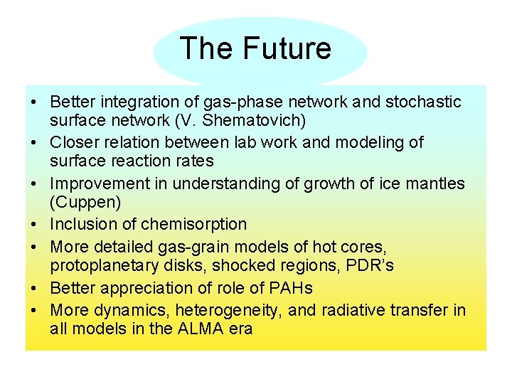 The Future • Better integration of gas-phase network and stochastic surface network (V. Shematovich)