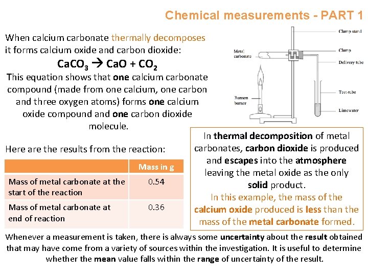 Chemical measurements - PART 1 When calcium carbonate thermally decomposes it forms calcium oxide