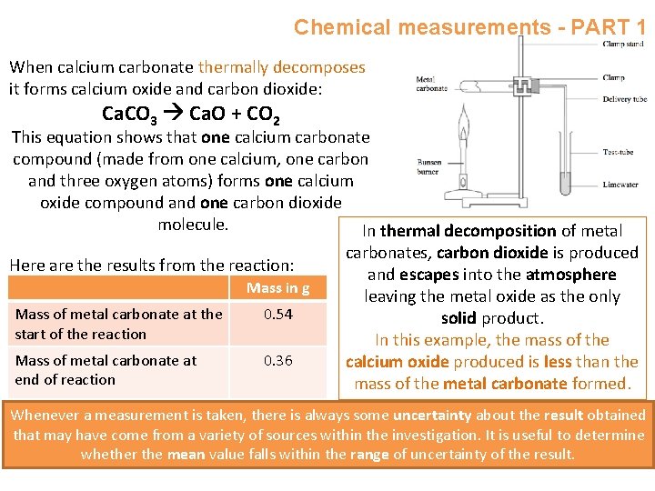 Chemical measurements - PART 1 When calcium carbonate thermally decomposes it forms calcium oxide