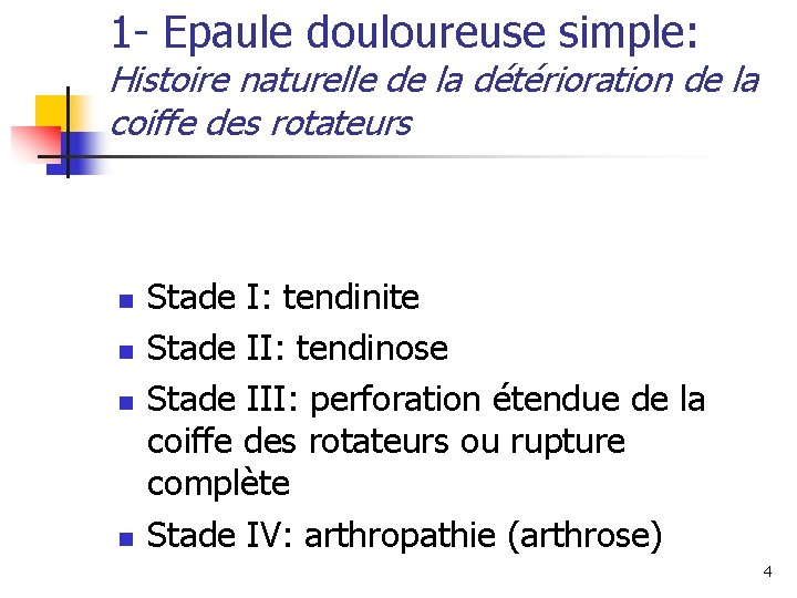 1 - Epaule douloureuse simple: Histoire naturelle de la détérioration de la coiffe des
