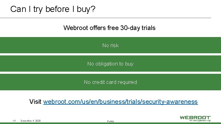 Can I try before I buy? Webroot offers free 30 -day trials No risk