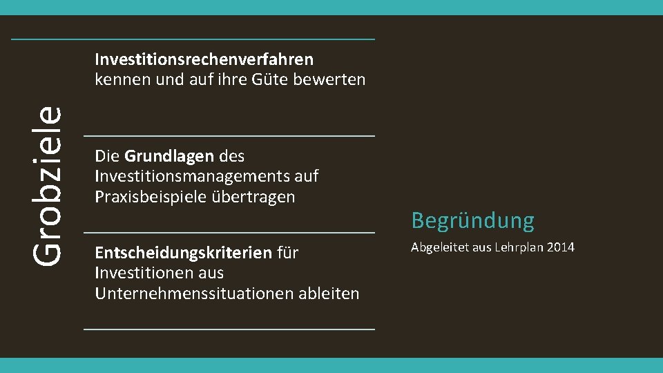 Grobziele Investitionsrechenverfahren kennen und auf ihre Güte bewerten Die Grundlagen des Investitionsmanagements auf Praxisbeispiele