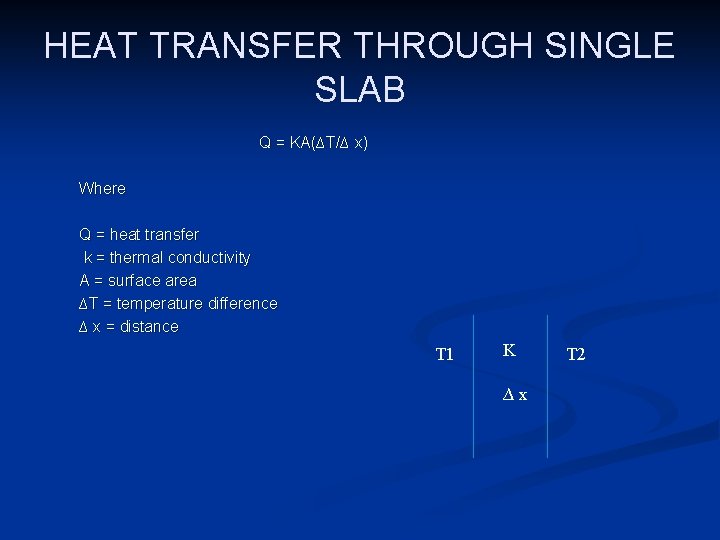 HEAT TRANSFER THROUGH SINGLE SLAB Q = KA(∆T/∆ x) Where Q = heat transfer