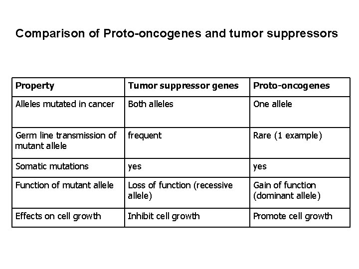 Comparison of Proto-oncogenes and tumor suppressors Property Tumor suppressor genes Proto-oncogenes Alleles mutated in