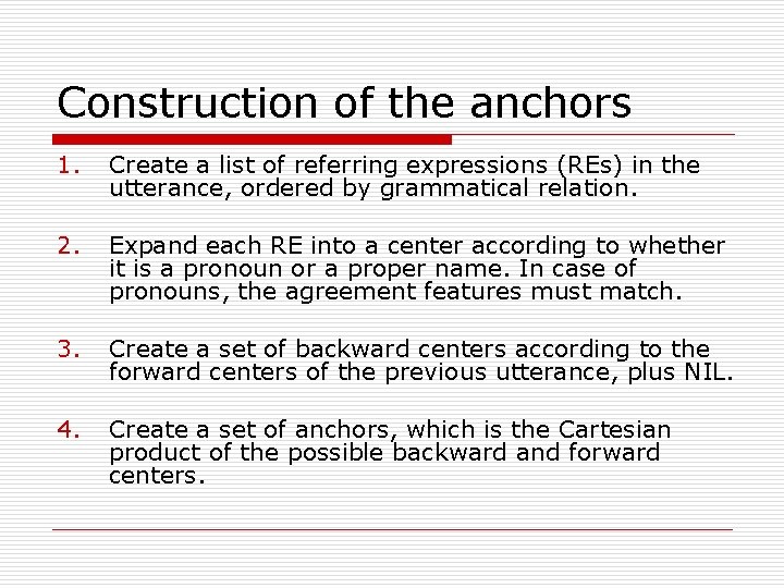 Construction of the anchors 1. Create a list of referring expressions (REs) in the