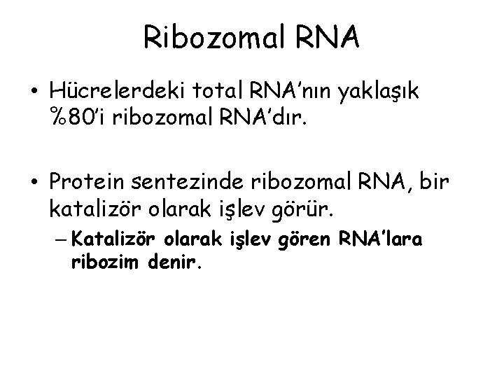 Ribozomal RNA • Hücrelerdeki total RNA’nın yaklaşık %80’i ribozomal RNA’dır. • Protein sentezinde ribozomal