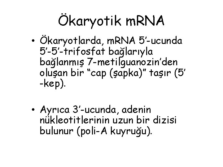 Ökaryotik m. RNA • Ökaryotlarda, m. RNA 5’-ucunda 5’-5’-trifosfat bağlarıyla bağlanmış 7 -metilguanozin’den oluşan