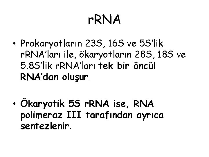 r. RNA • Prokaryotların 23 S, 16 S ve 5 S’lik r. RNA’ları ile,