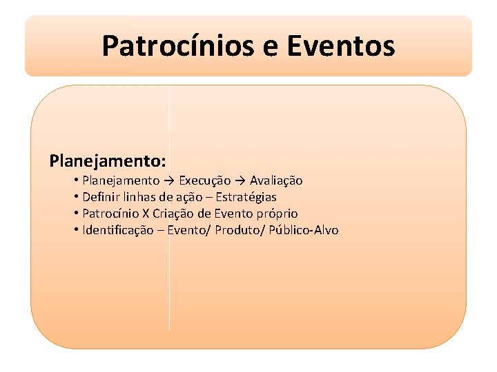 Patrocínios e Eventos Planejamento: • Planejamento → Execução → Avaliação • Definir linhas de