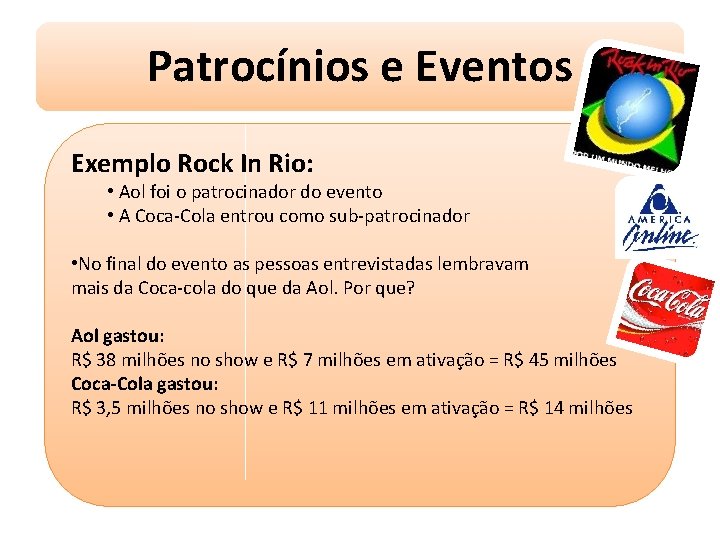 Patrocínios e Eventos Exemplo Rock In Rio: • Aol foi o patrocinador do evento