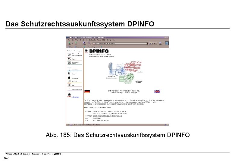  Das Schutzrechtsauskunftssystem DPINFO Abb. 185: Das Schutzrechtsauskunftssystem DPINFO © Heinz Lothar Grob, Jan-Armin