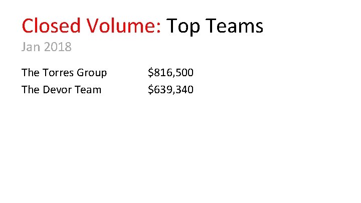 Closed Volume: Top Teams Jan 2018 The Torres Group The Devor Team $816, 500