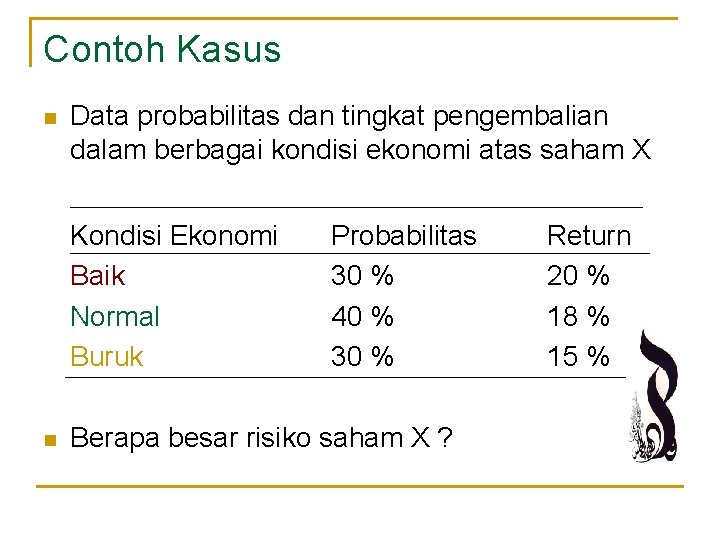 Contoh Kasus n Data probabilitas dan tingkat pengembalian dalam berbagai kondisi ekonomi atas saham