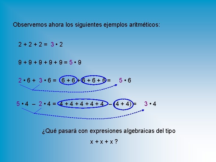 Observemos ahora los siguientes ejemplos aritméticos: 2+2+2= 3 • 2 9+9+9=5 • 9 2