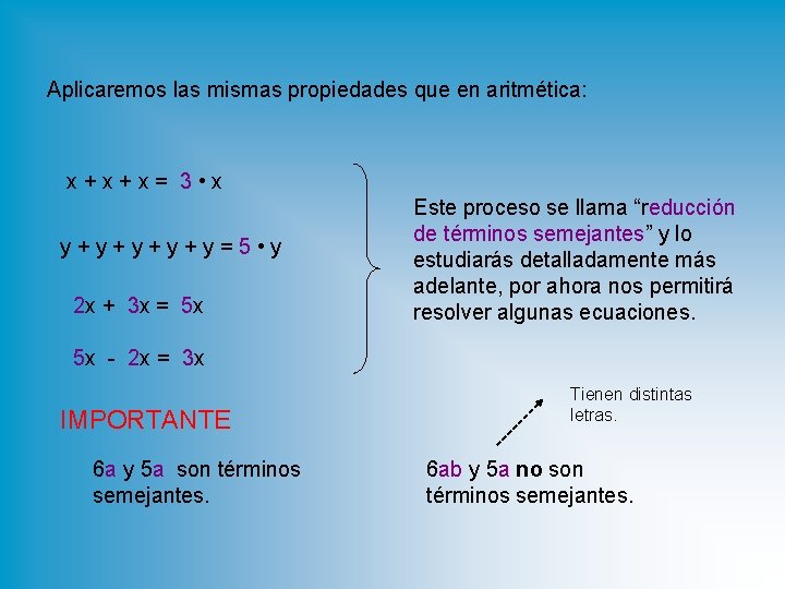 Aplicaremos las mismas propiedades que en aritmética: x+x+x= 3 • x y+y+y=5 • y