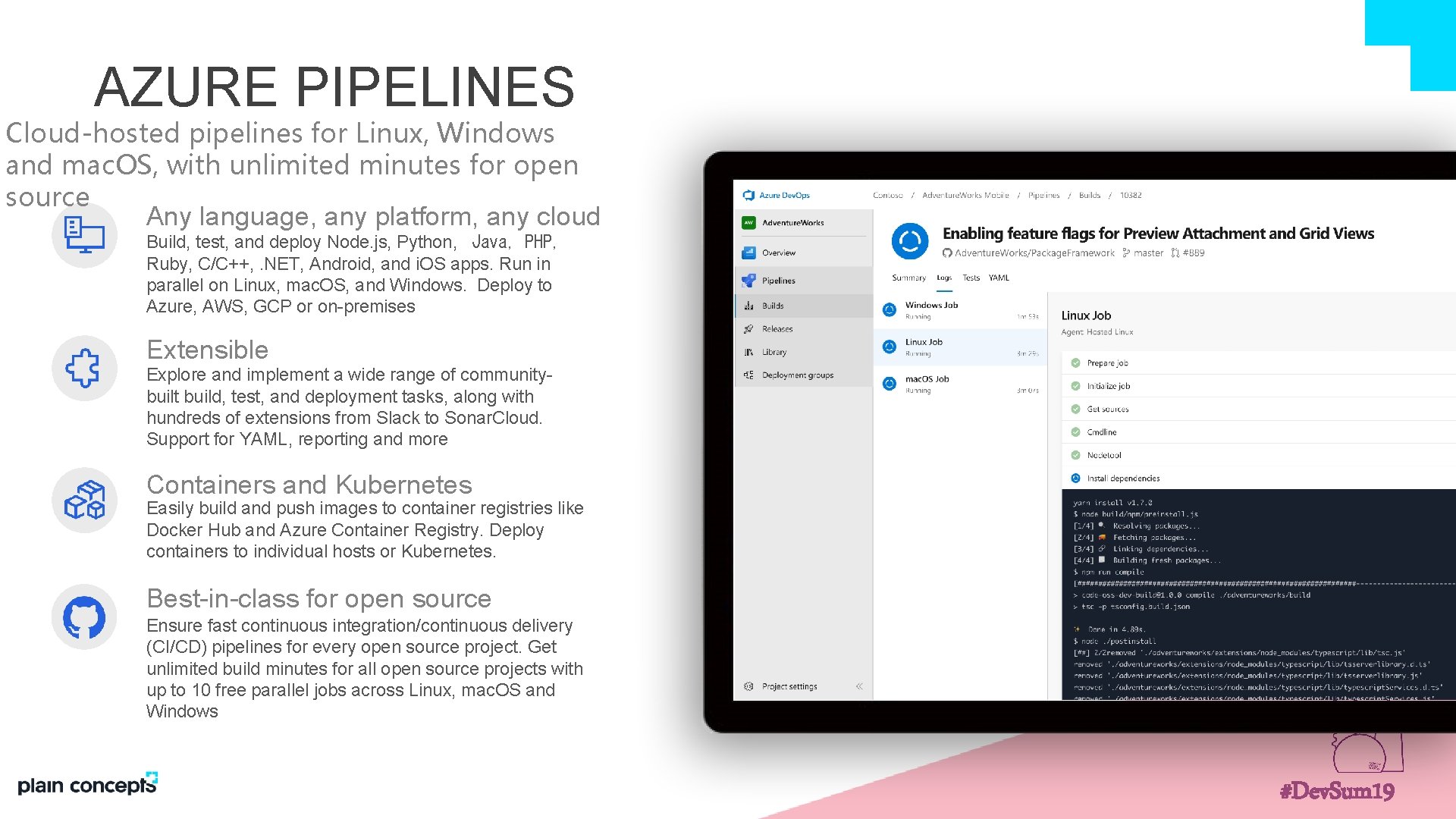 AZURE PIPELINES Cloud-hosted pipelines for Linux, Windows and mac. OS, with unlimited minutes for