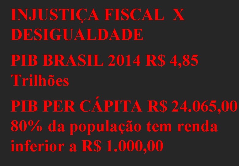 INJUSTIÇA FISCAL X DESIGUALDADE PIB BRASIL 2014 R$ 4, 85 Trilhões PIB PER CÁPITA