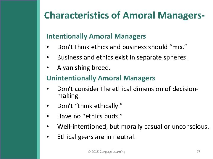 Characteristics of Amoral Managers. Intentionally Amoral Managers • • • Don’t think ethics and