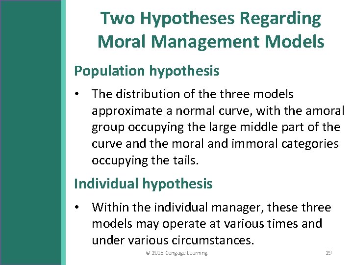 Two Hypotheses Regarding Moral Management Models Population hypothesis • The distribution of the three